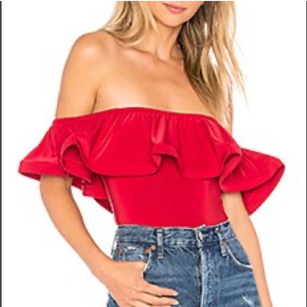 Misa Los Angeles Bright Red Off-Shoulder Ruffle Bodysuit